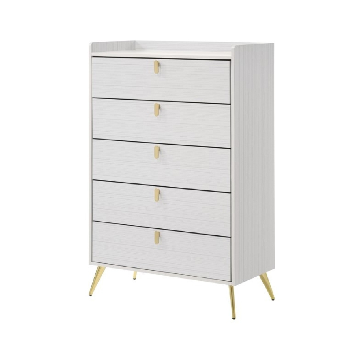 Cos 50 Inch Wood Tall Dresser Chest, 5 Drawers, Metal Handles, White, Gold- Saltoro Sherpi
