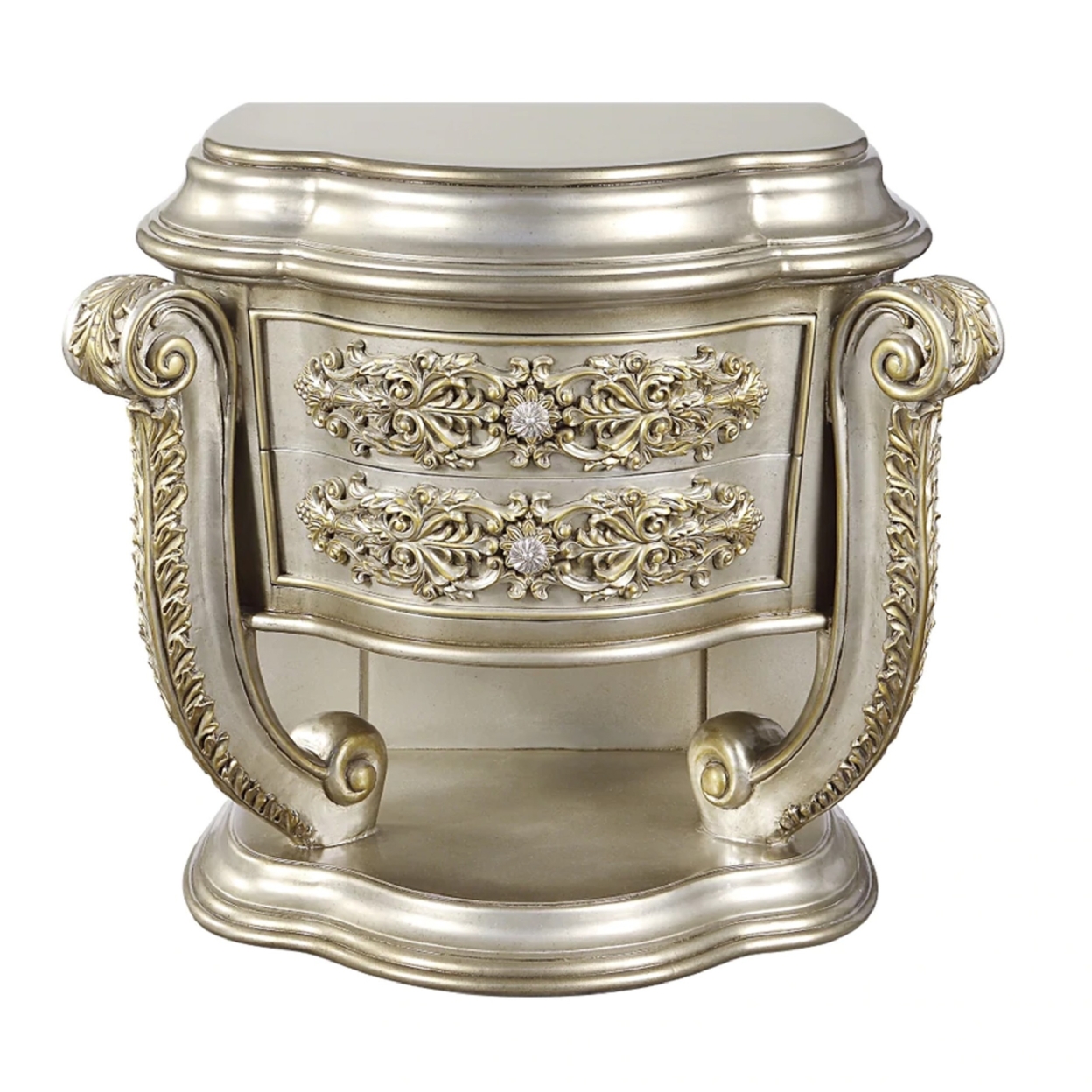 Mas 35 Inch Classic Wood Nightstand, Ornate Carved Trim, Champagne Gold- Saltoro Sherpi