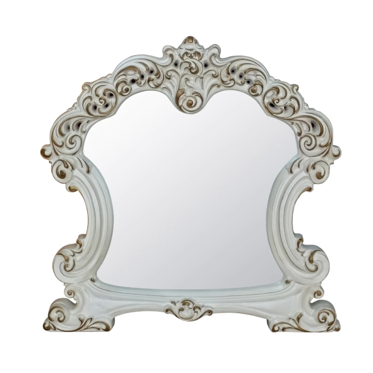 Jess 47 Inch Classic Mirror, Beveled Scrolled Carved Trim, Wood, White- Saltoro Sherpi