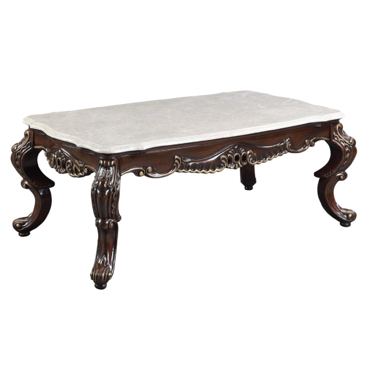 Ben 52 Inch Marble Coffee Table, Scrolled Details, Cabriole Legs, Brown- Saltoro Sherpi
