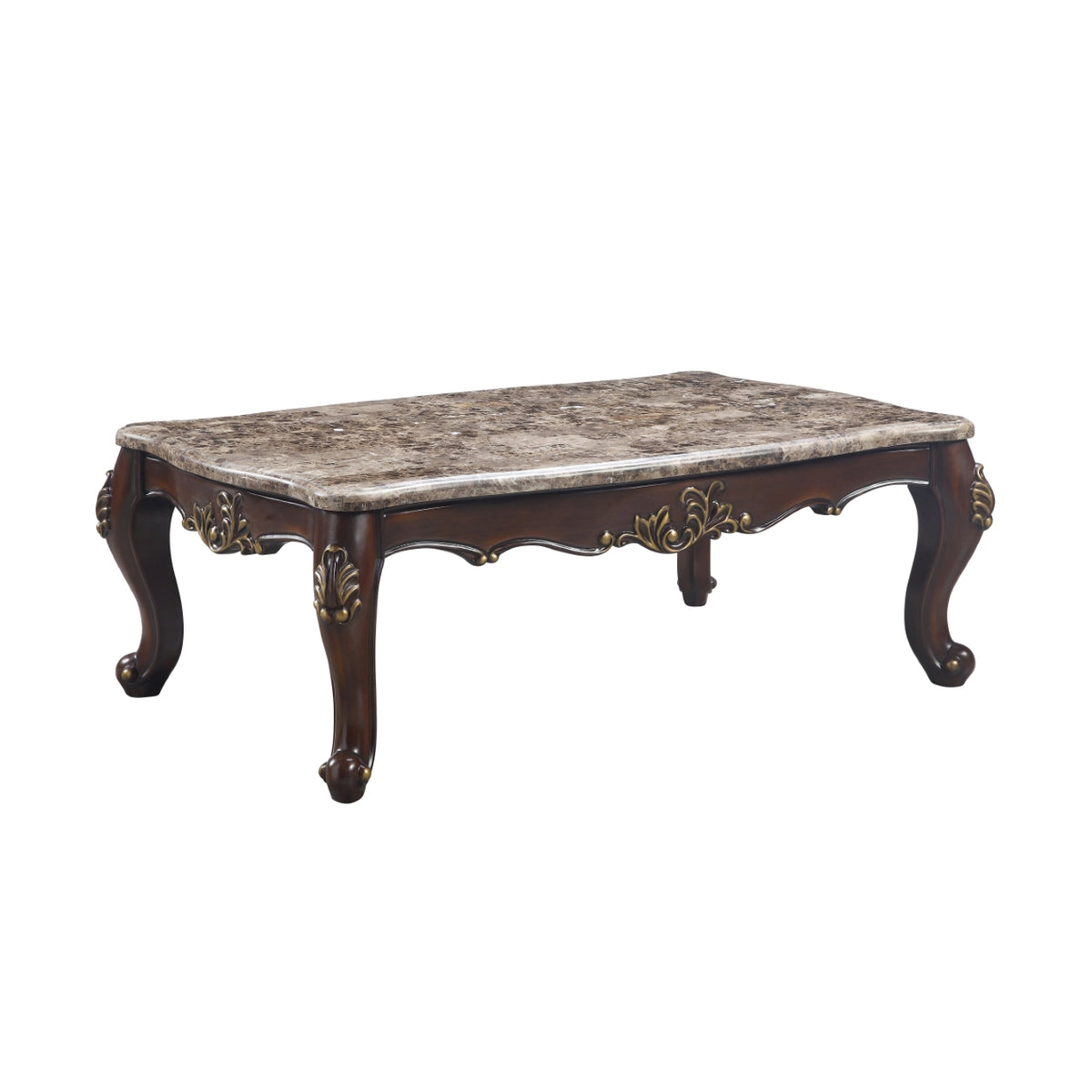 Kha 56 Inch Marble Top Coffee Table With Gold Floral Trim, Cherry Brown- Saltoro Sherpi