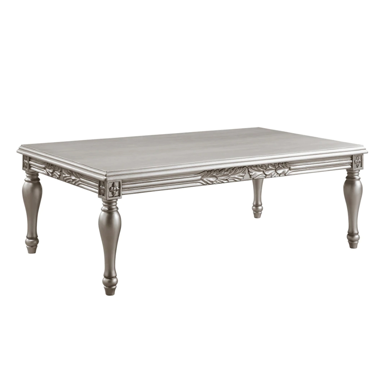 Sto 59 Inch Classic Coffee Table, Floral Trim, Turned Legs, Wood, Silver- Saltoro Sherpi