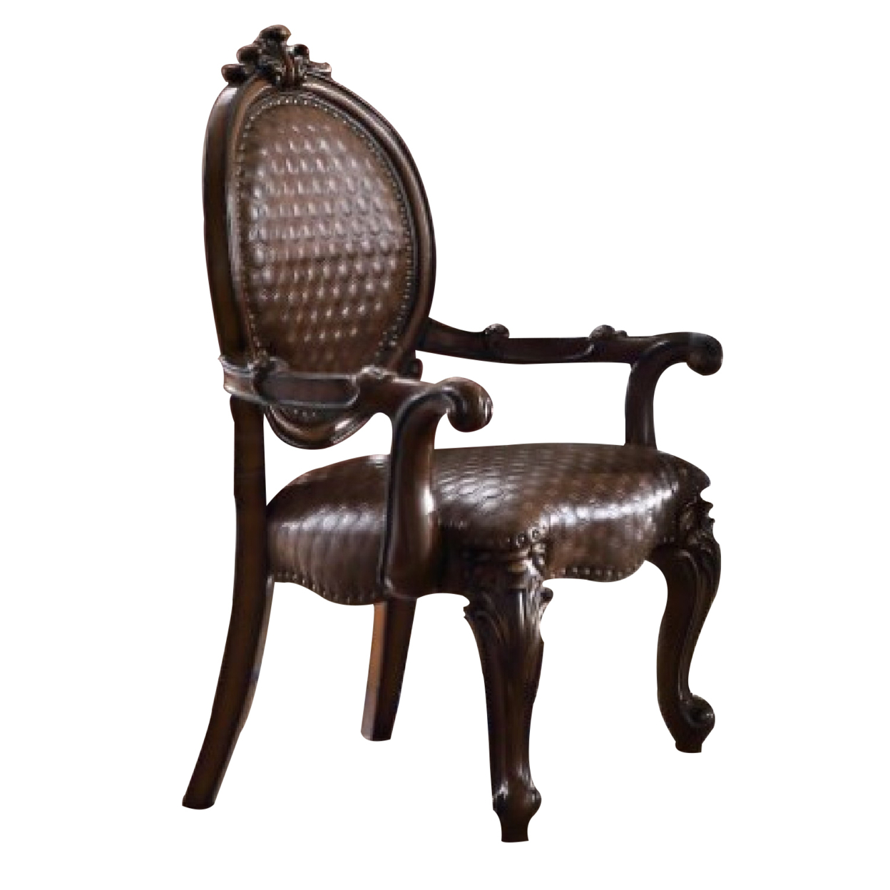 Kai 26 Inch Solid Wood Carved Armchair, Rolled Arms, Vegan Leather, Cherry- Saltoro Sherpi