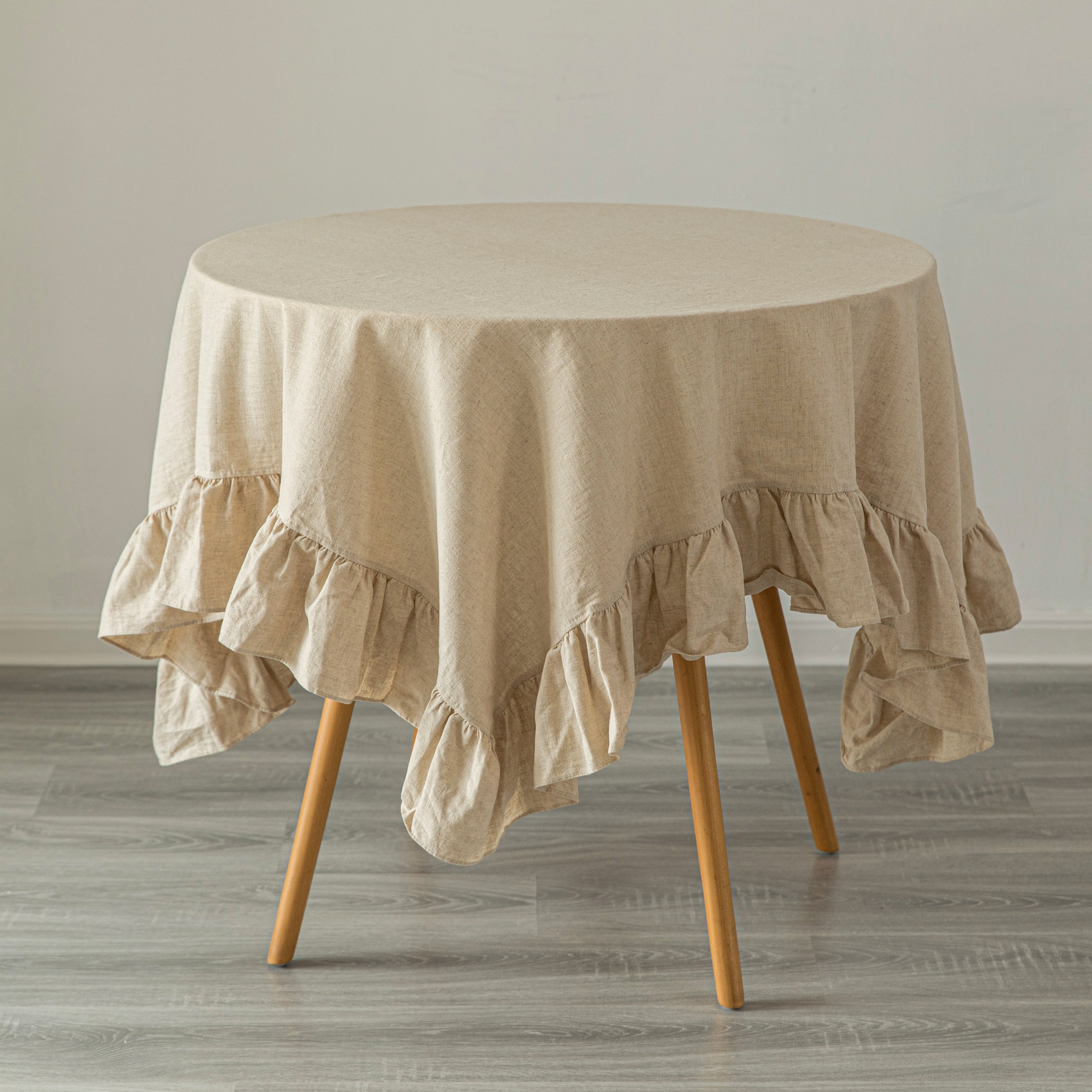 Deerlux 100 Percent Pure Linen Washable Tablecloth With Ruffle Trim - 52 X 70 In. Natural