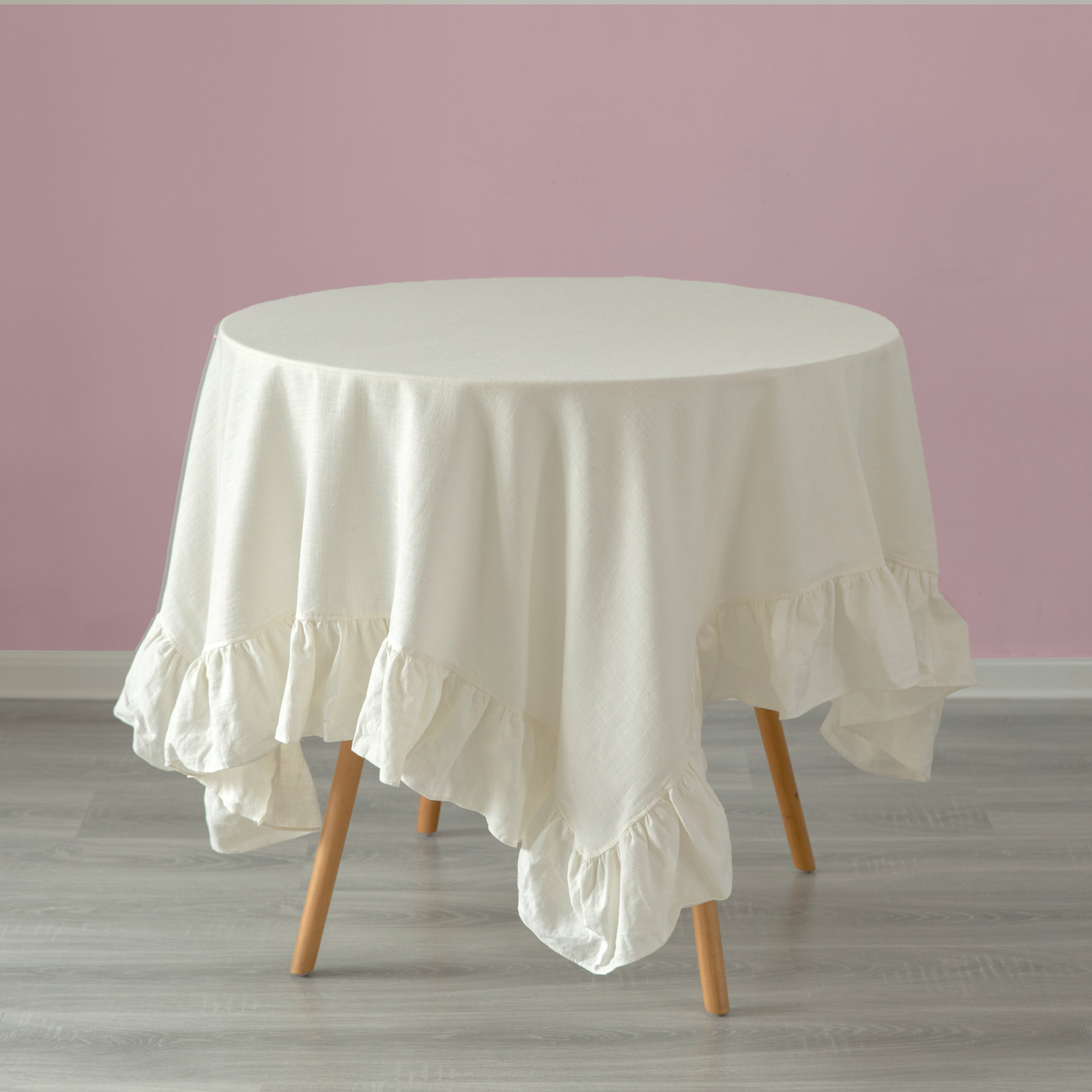 Deerlux 100 Percent Pure Linen Washable Tablecloth With Ruffle Trim - 52 X 70 In. White