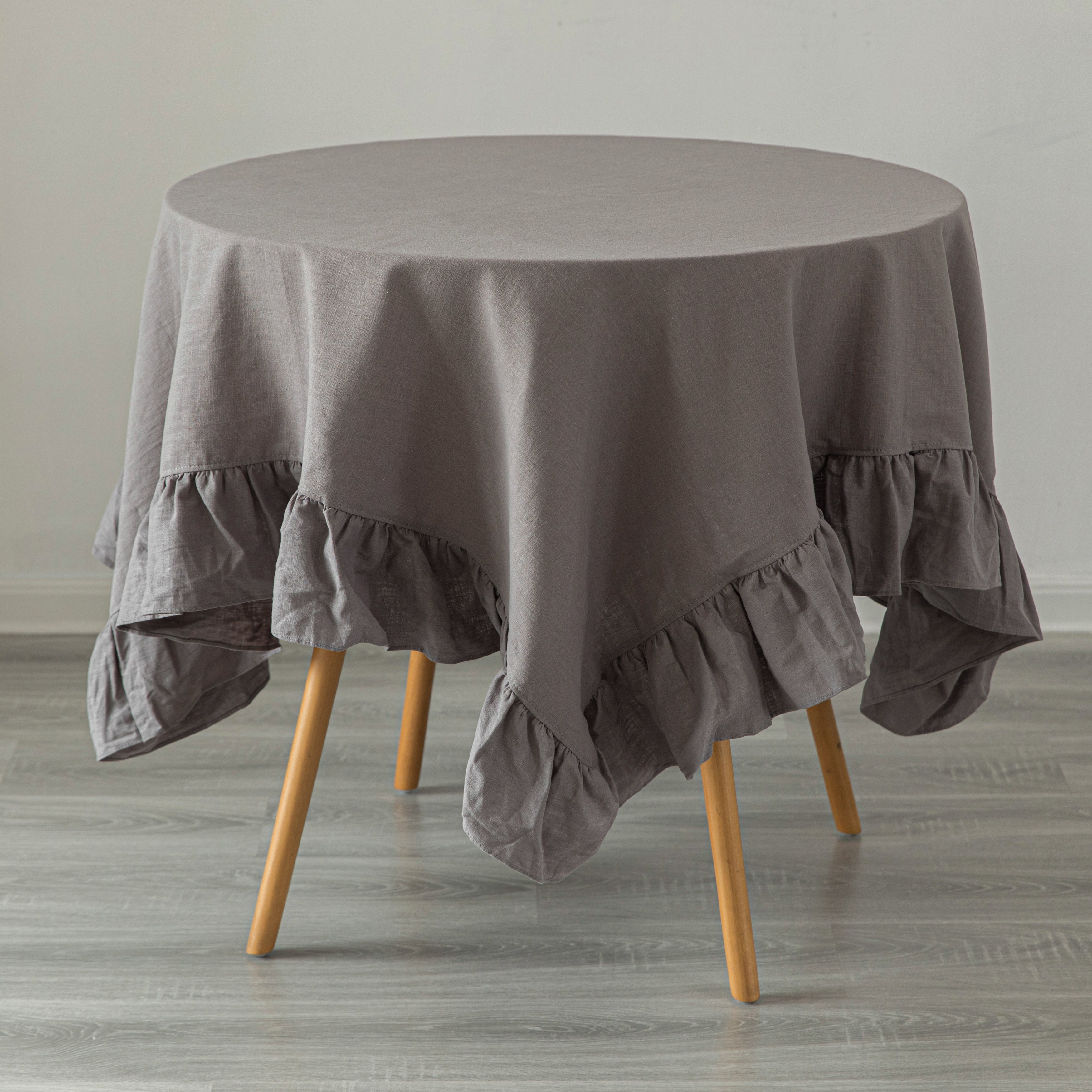 Deerlux 100 Percent Pure Linen Washable Tablecloth With Ruffle Trim - 70 X 70 In. White