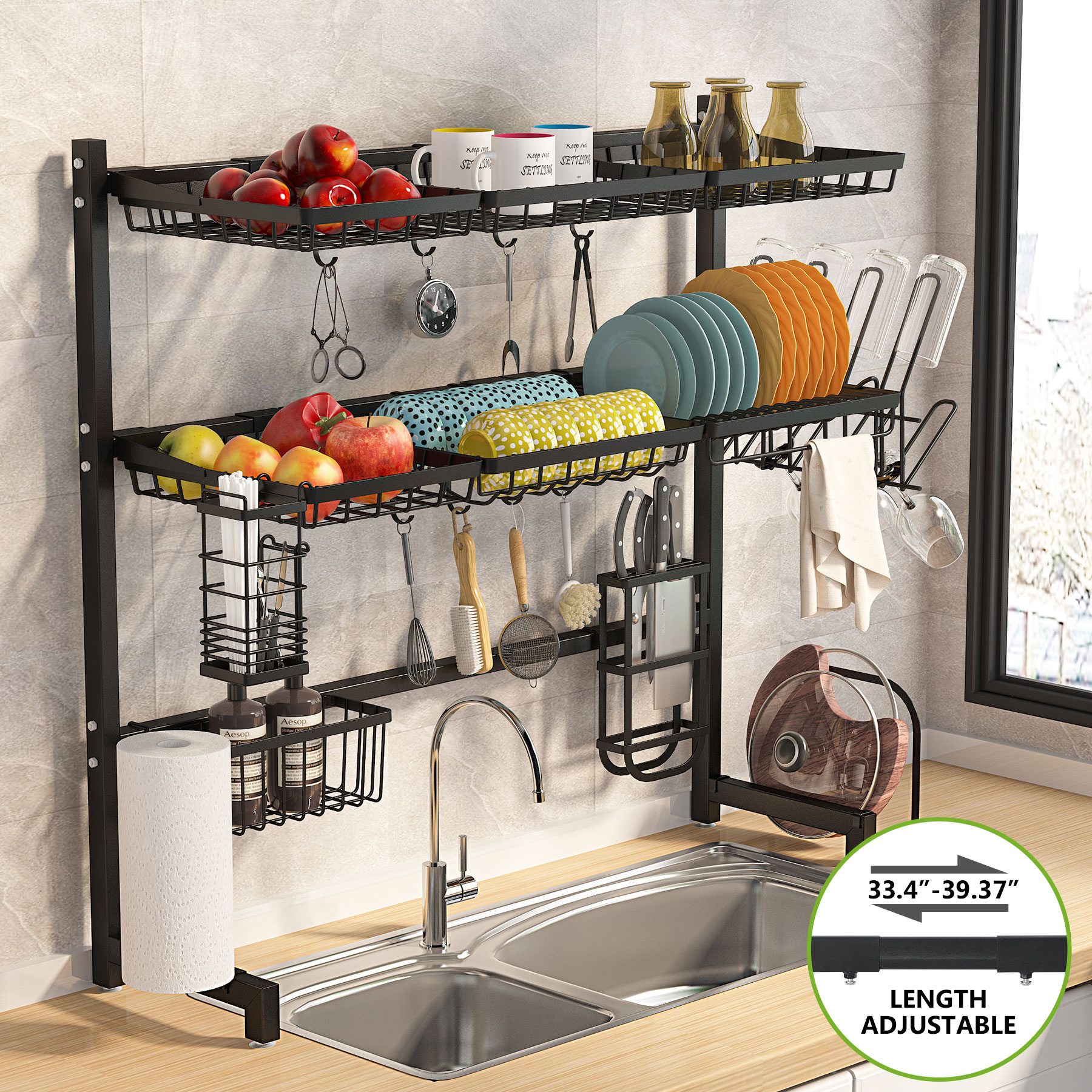 Over The Sink Dish Drying Rack -1Easylife 3 Tier Stainless Steel Large Kitchen Rack Dish Drainers for Home Kitchen Counter Storage - Black
