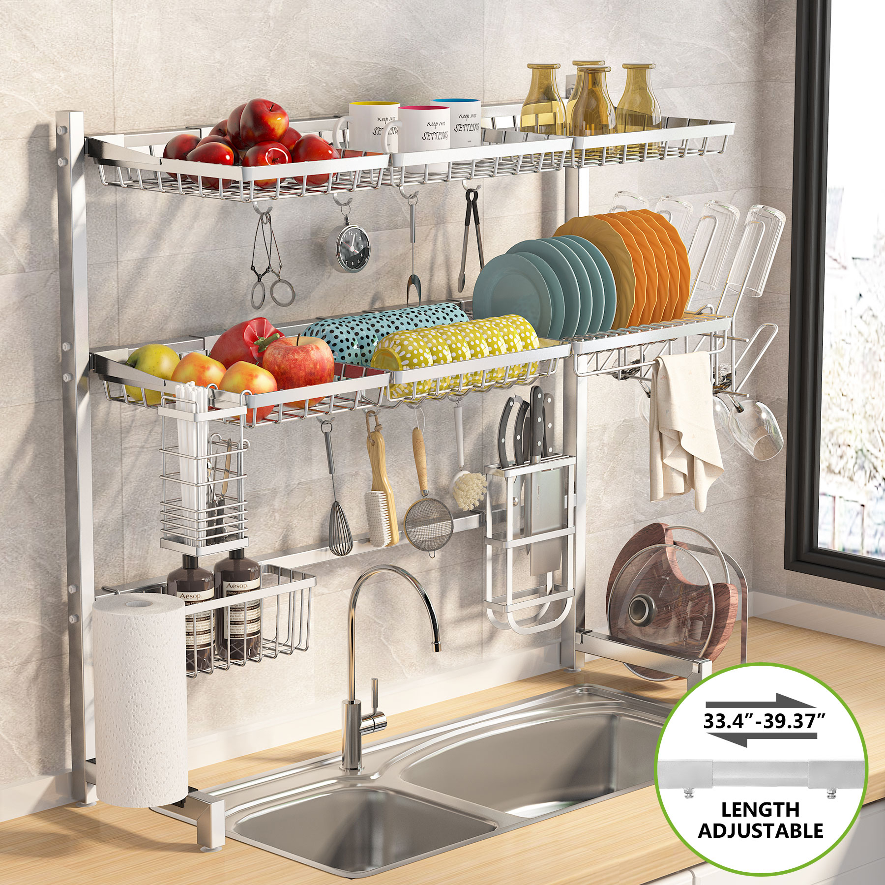 Over The Sink Dish Drying Rack -1Easylife 3 Tier Stainless Steel Large Kitchen Rack Dish Drainers for Home Kitchen Counter Storage - Silver