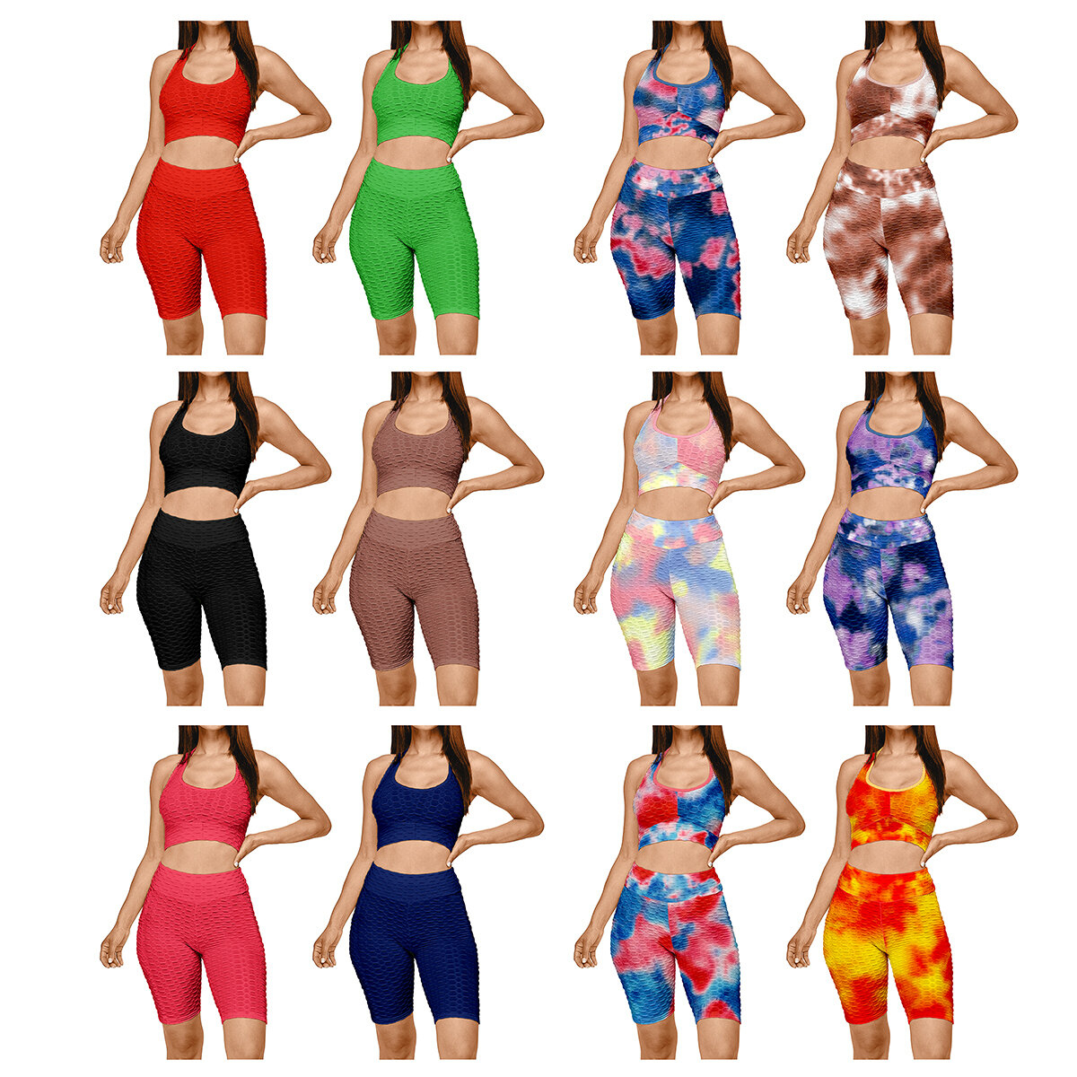 Women's Anti Cellulite Sports Bra & High Waisted Biker Shorts Workout Yoga Set - Tie-dye, Large