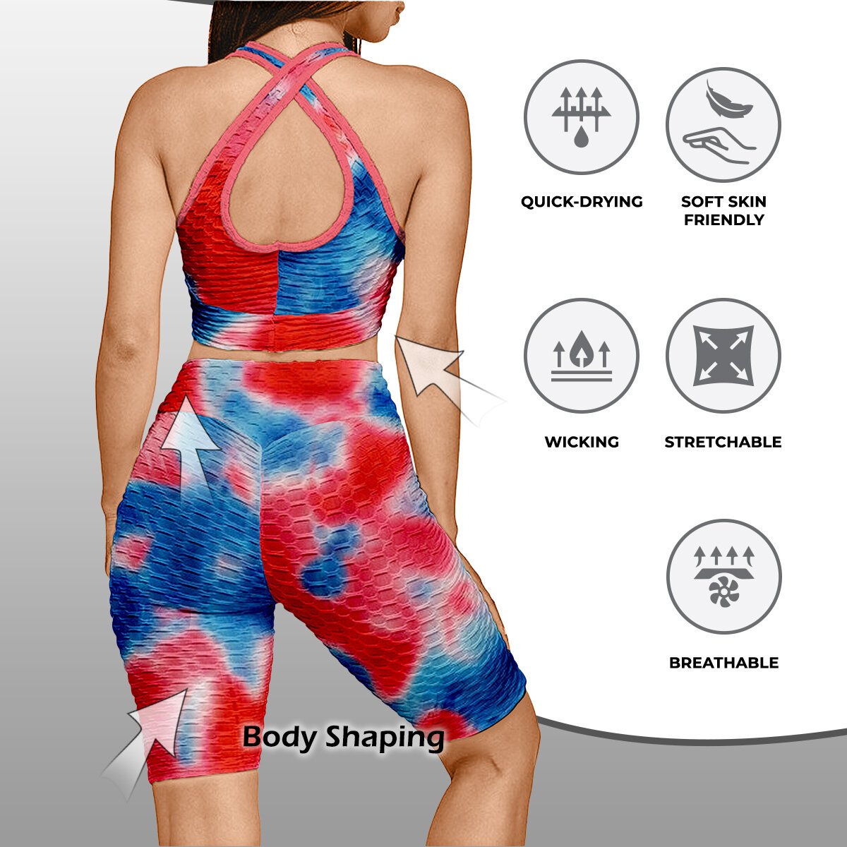 Women's Anti Cellulite Sports Bra & High Waisted Biker Shorts Workout Yoga Set - Tie-dye, Large