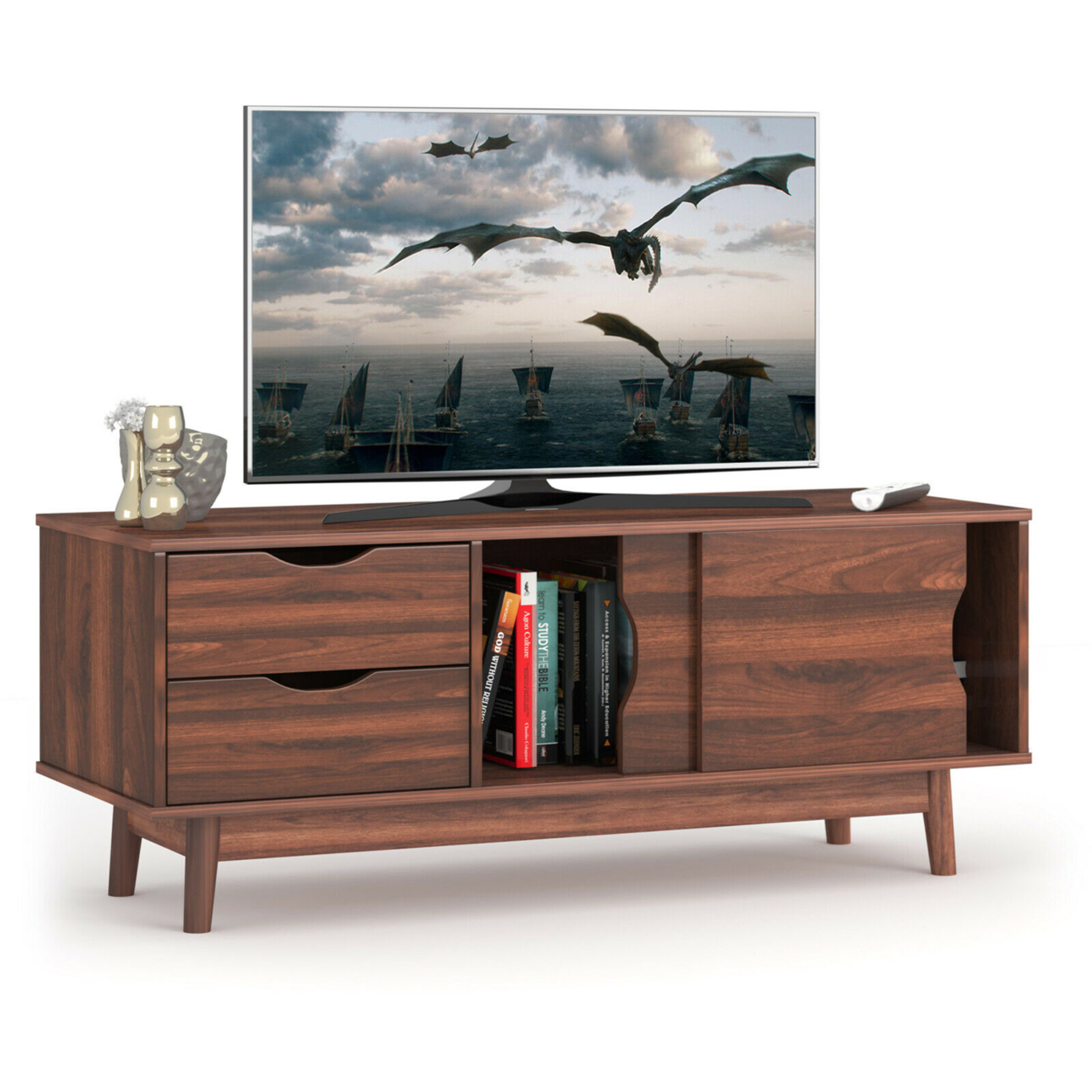 TV Stand For TV Up To 60'' Media Console Table Storage With Doors Walnut/Oak - Walnut