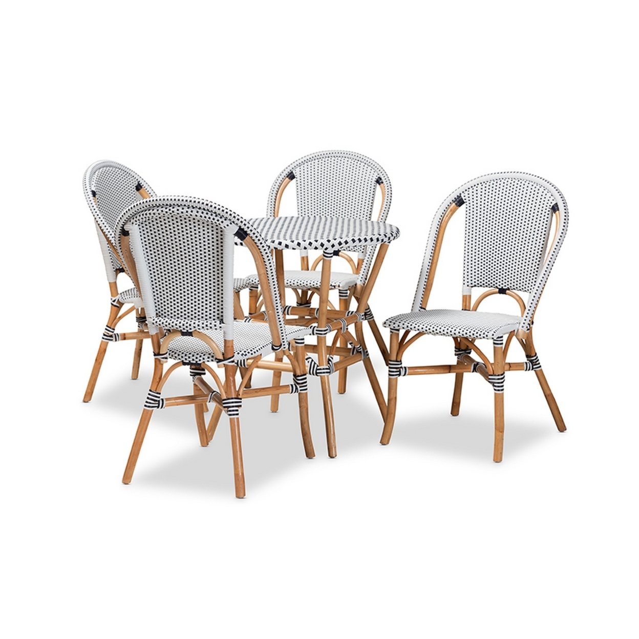 Baxton Studio Genica Classic French Black and White Waeving and Natural Brown Rattan 5-Piece Dining Chair Set