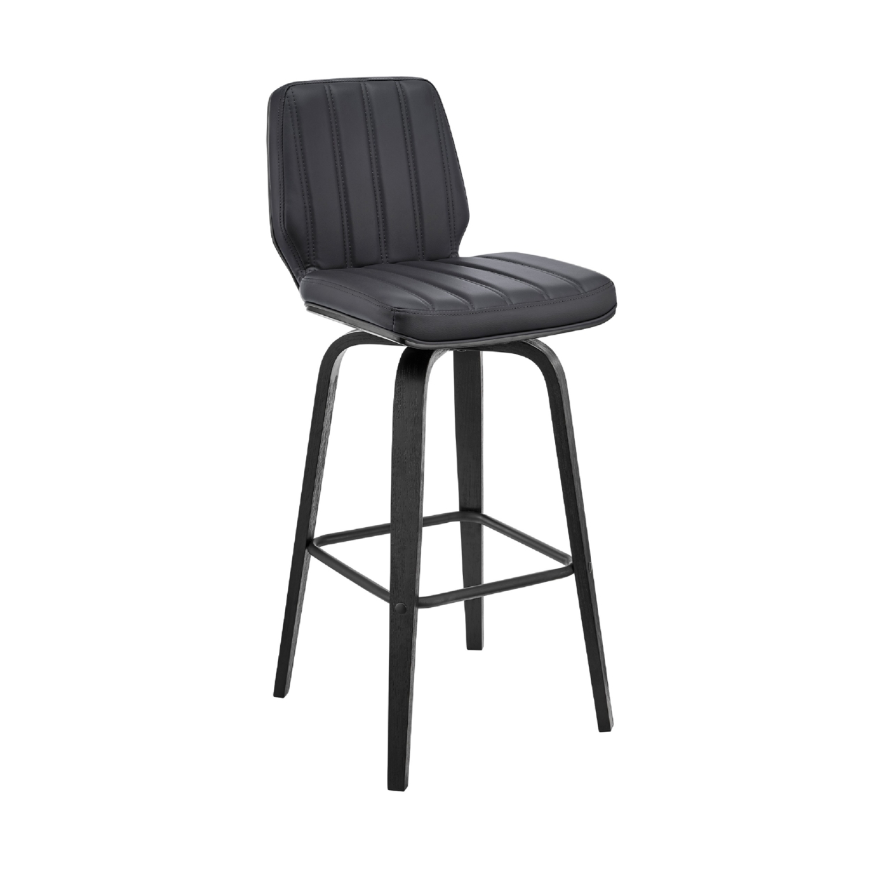 Swivel Barstool With Channel Stitching And Wooden Support, Black- Saltoro Sherpi