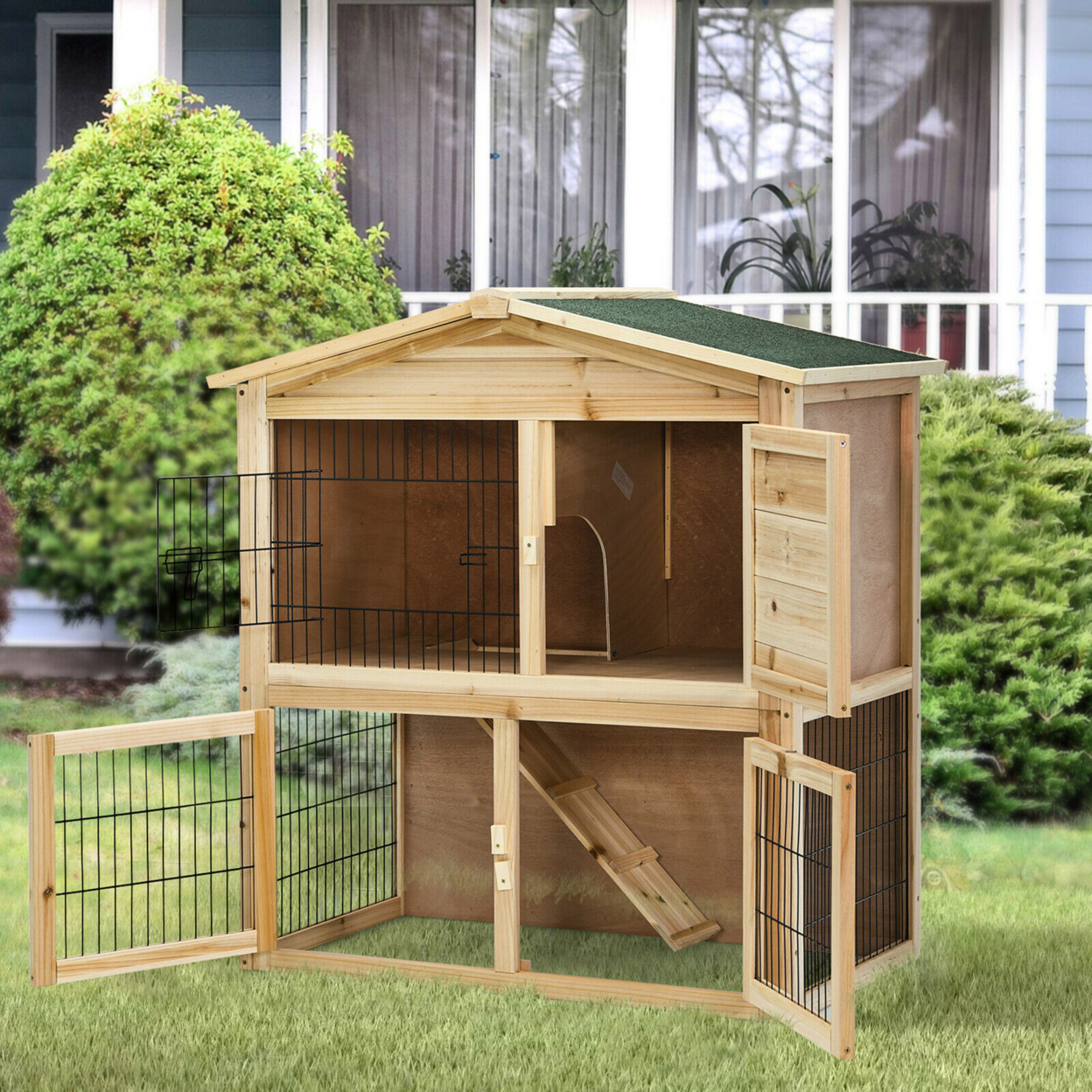 35'' Wooden Chicken Coop Large Bunny Rabbit Cage W/ Ramp Indoor Outdoor Pet House