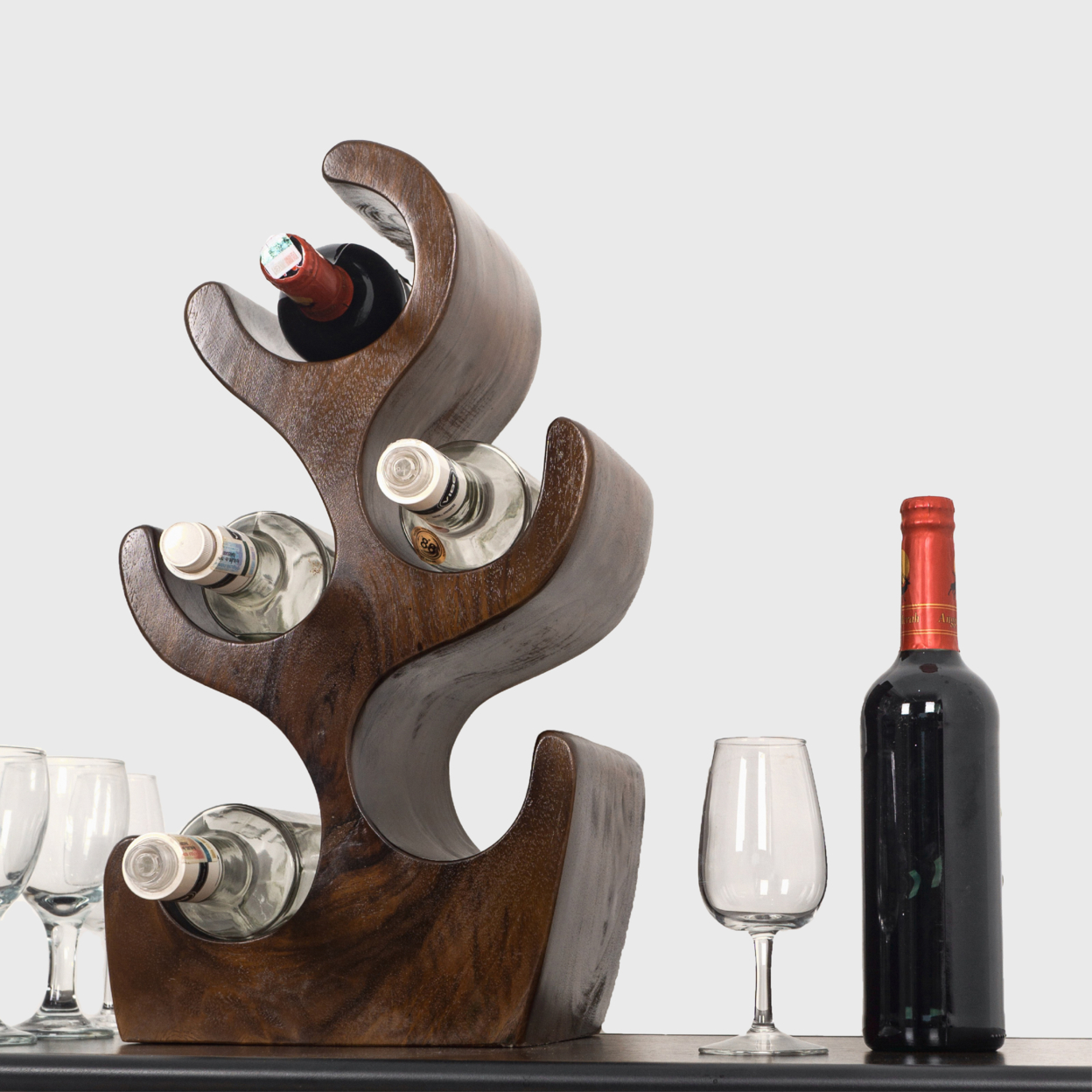 Monkey Pod Tree Shaped Five Wine Bottle Holder For Entryway, Dining, And Living Room