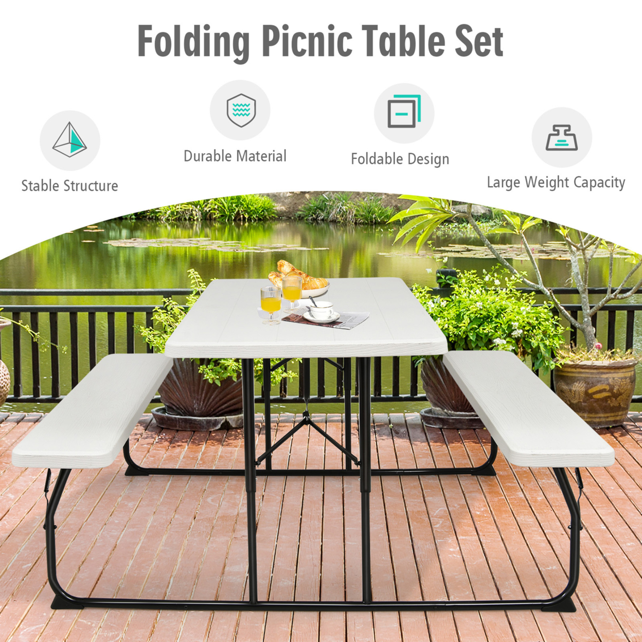 Folding Picnic Table & Bench Set For Camping BBQ W/ Steel Frame - Black
