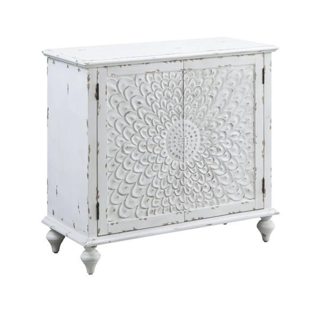 36 Inch Wood Console Buffet Cabinet, Carved Floral Pattern, Antique White- Saltoro Sherpi