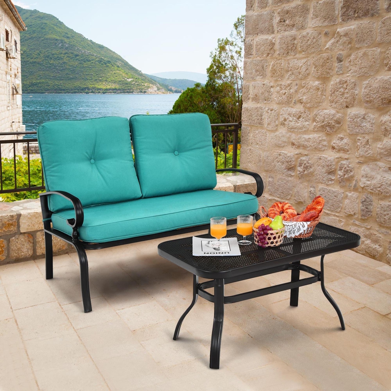 2PCS Patio Loveseat & Table Set Conversation Sofa Set W/ Turquoise Cushions