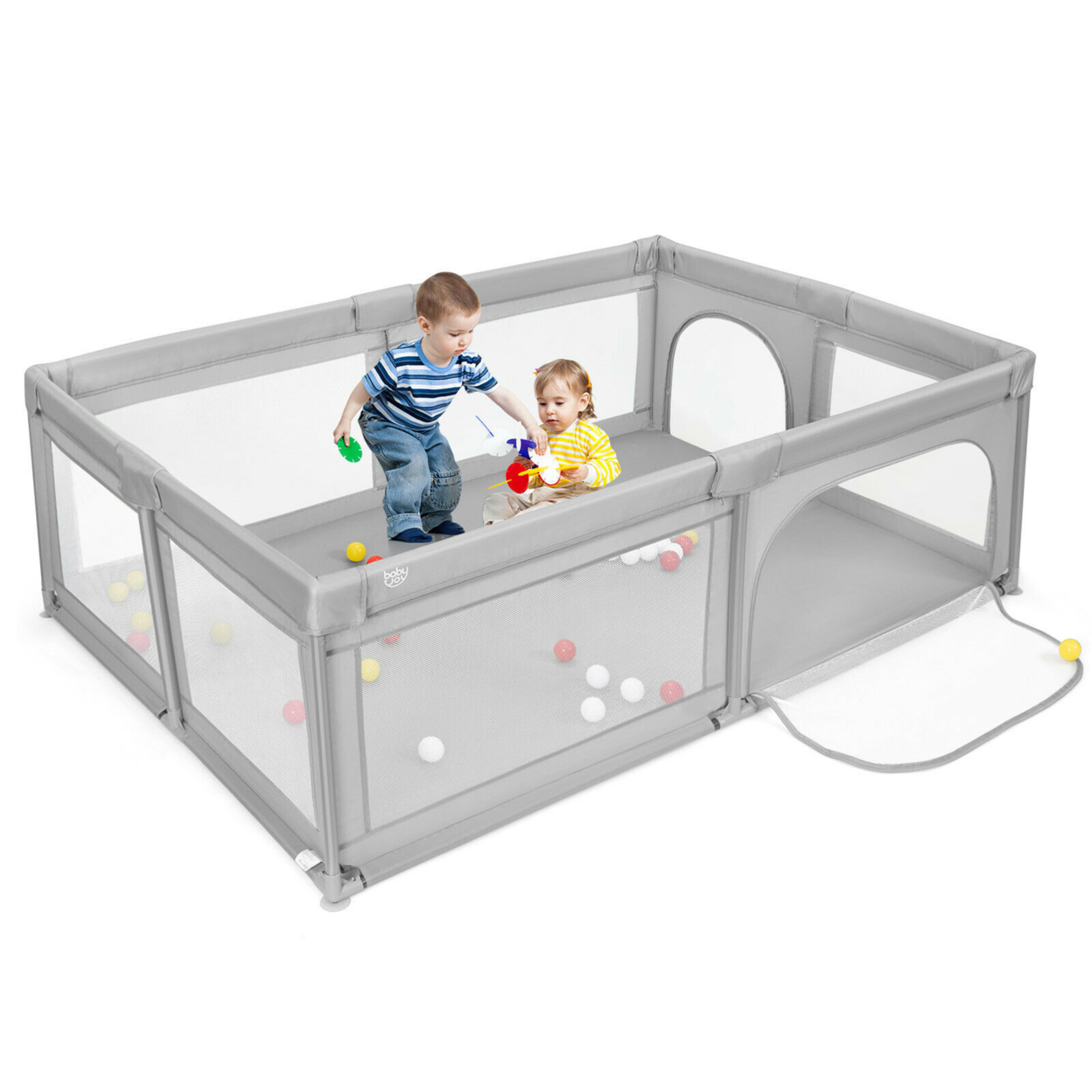 Gymax Baby Playpen Extra-Large Safety Baby Fence W/50 Ocean Balls - Gray