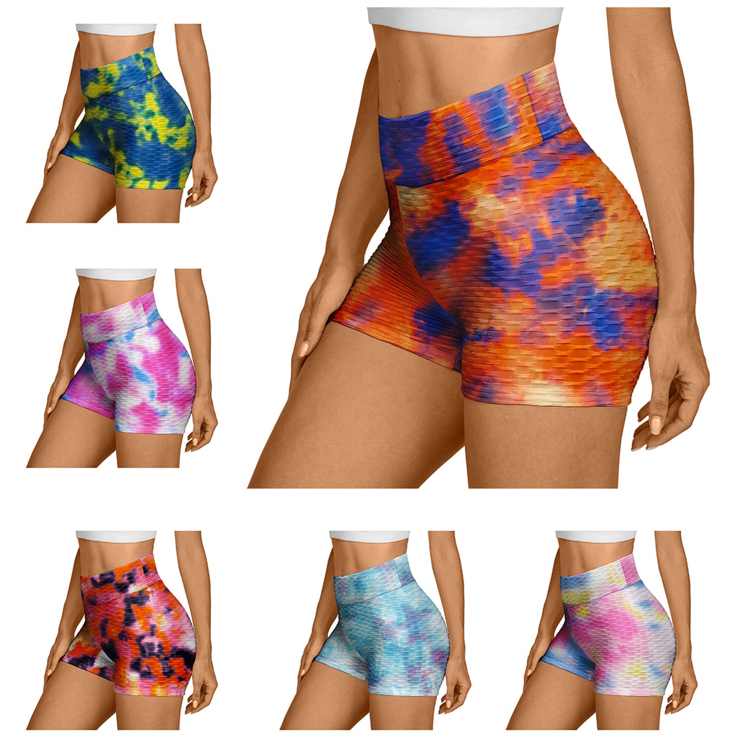 5-Pack Women's High Waisted Anti-Cellulite Tie-dye Workout Biker Shorts - S