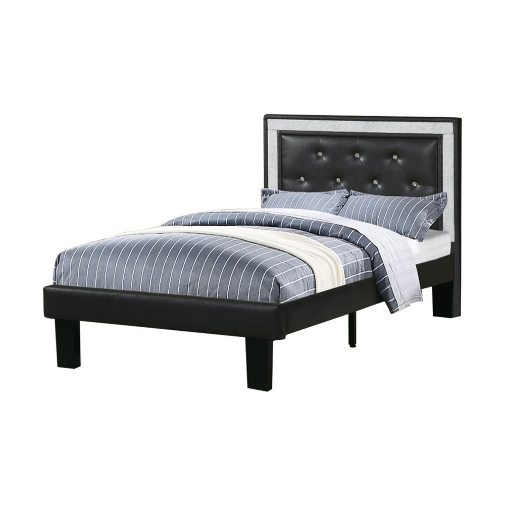 Silky And Sheeny Wooden Full Bed With Ash Black PU Tufted Head Board, Black Finish- Saltoro Sherpi