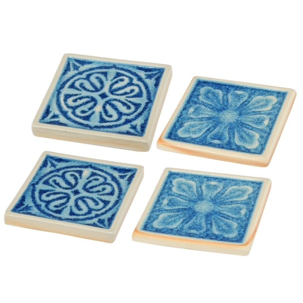 Square Shaped Ceramic Coaster With Intricate Detail, Blue And Cream, Set Of Four- Saltoro Sherpi