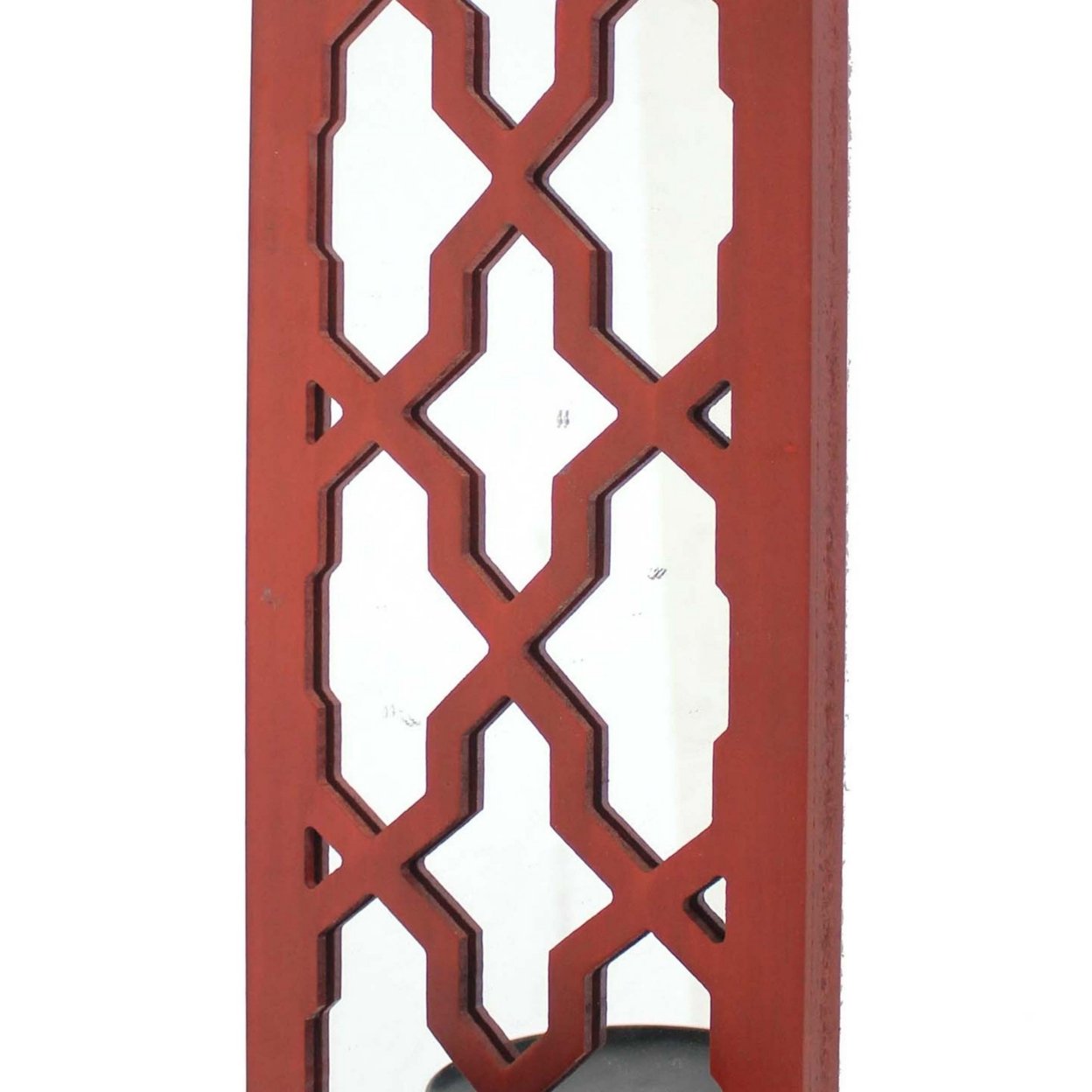 Quatrefoil Pattern Wooden Candle Holder With Mirror Insert, Red- Saltoro Sherpi