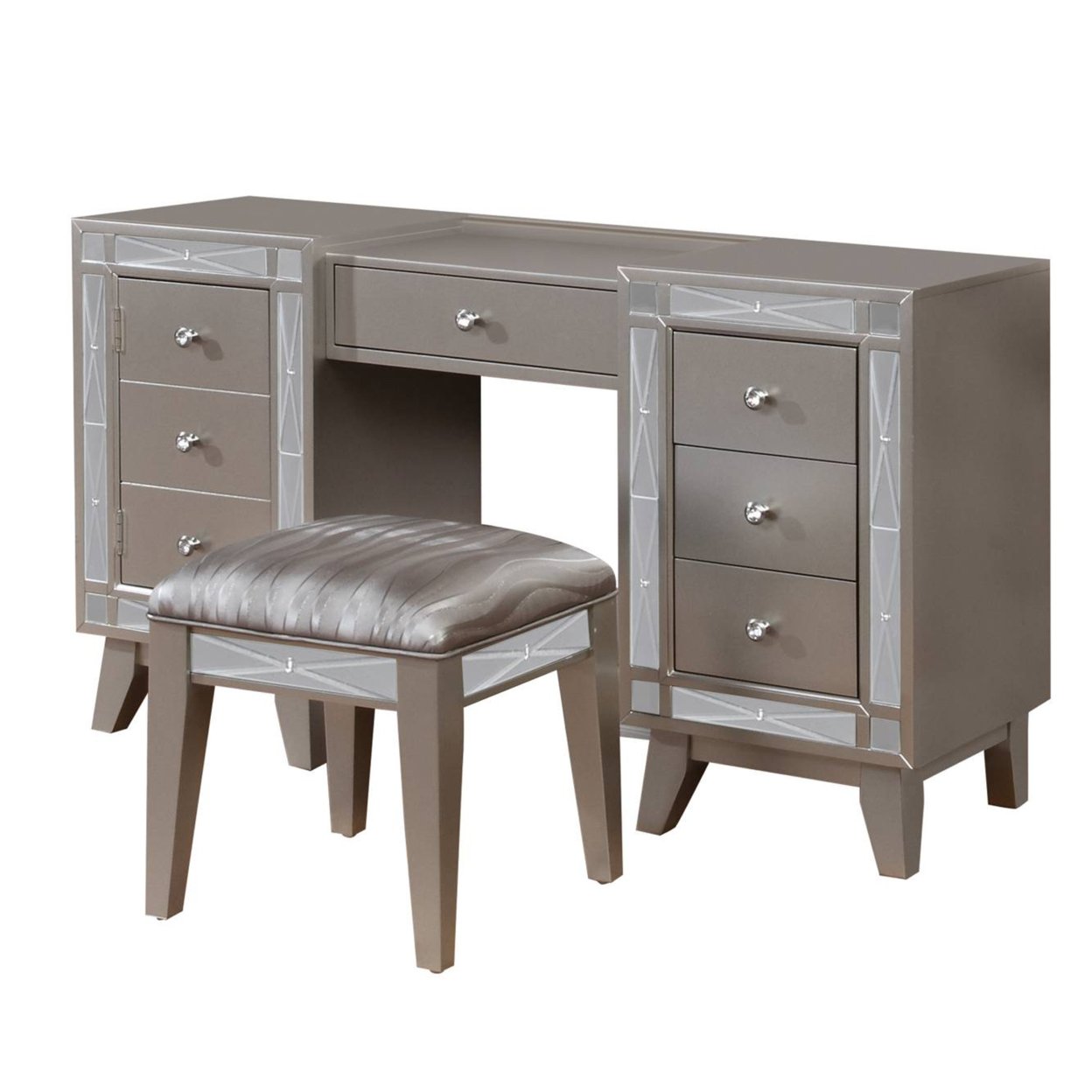 Wooden Set Of Vanity And Stool With Mirrored Accents, Mercury Silver- Saltoro Sherpi