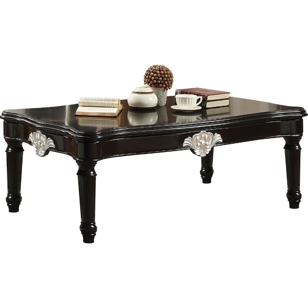 Traditional Rectangular Wooden Coffee Table With Scalloped Top, Black- Saltoro Sherpi