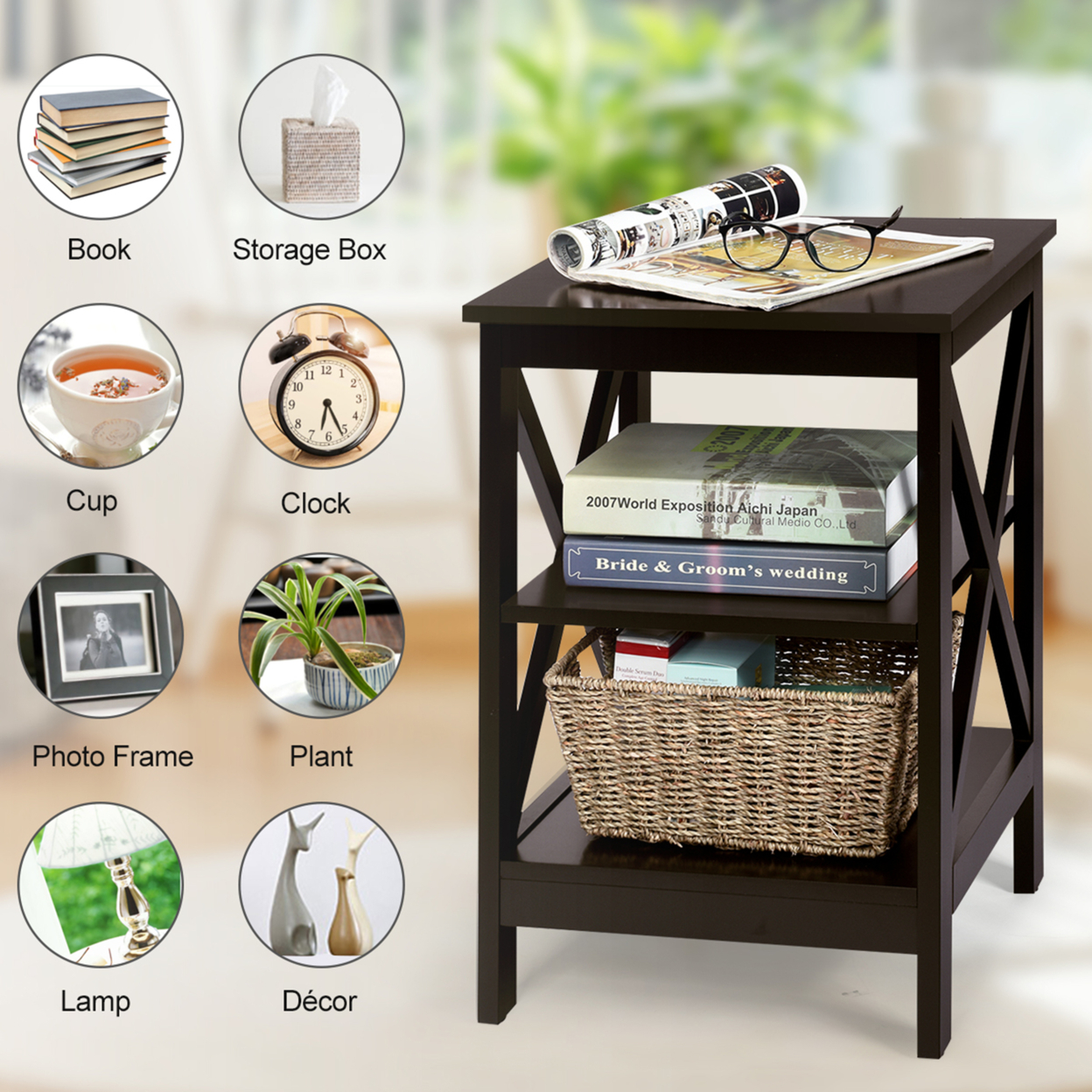 3-Tier Nightstand End Table X Design Storage Display Shelf Living Room - Black
