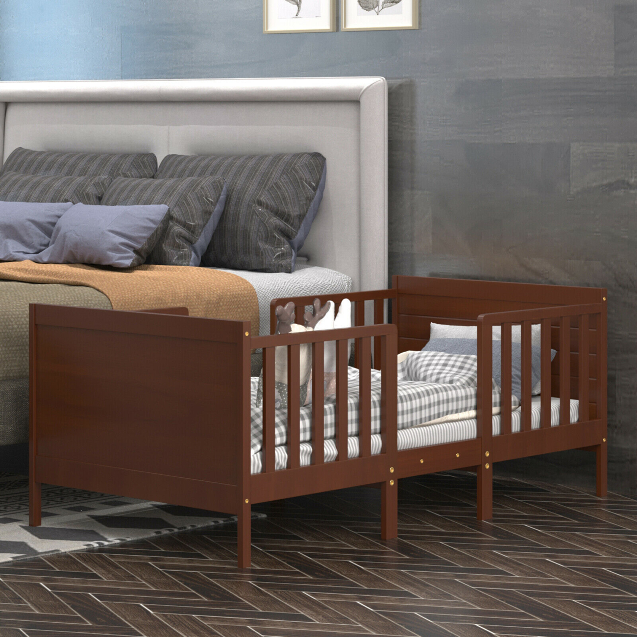Gymax 2-in-1 Convertible Toddler Bed Kids Wooden Bedroom Furniture W/ Guardrails - Brown
