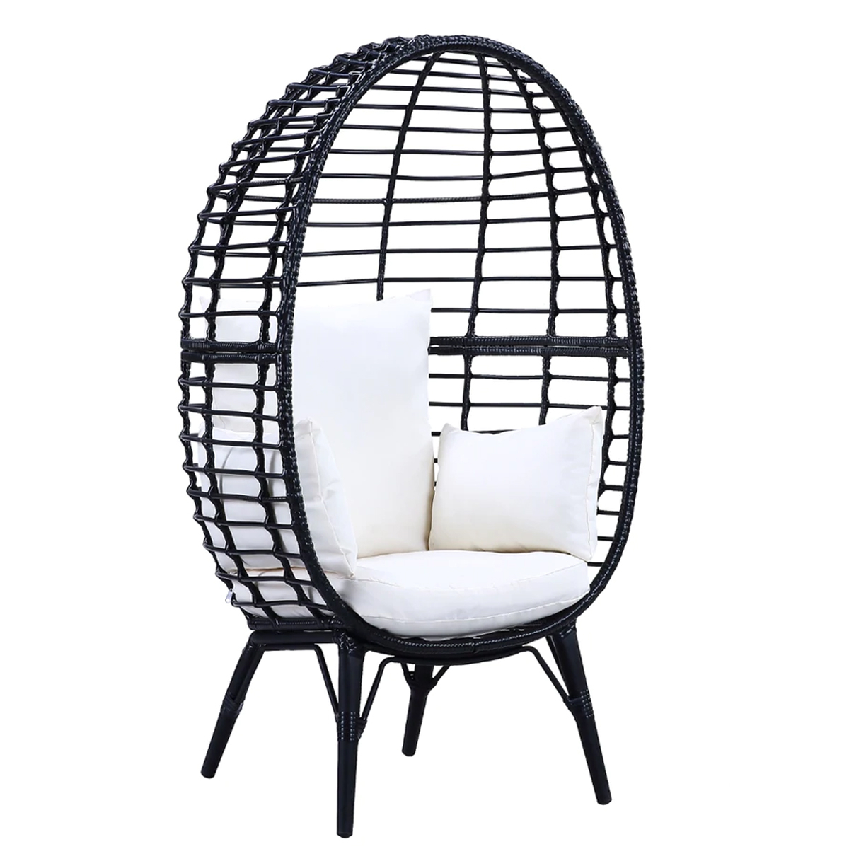 Loe 32 Inch Patio Lounge Chair, Oval Shape, Resin Rattan Wicker, Black- Saltoro Sherpi
