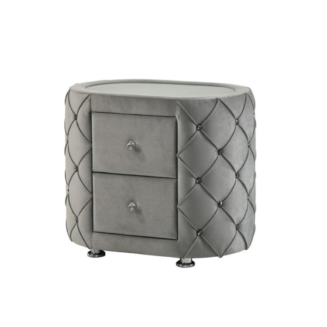 Jill 29 Inch Oval Nightstand, Tufted Velvet Upholstery, 2 Drawers, Grey- Saltoro Sherpi