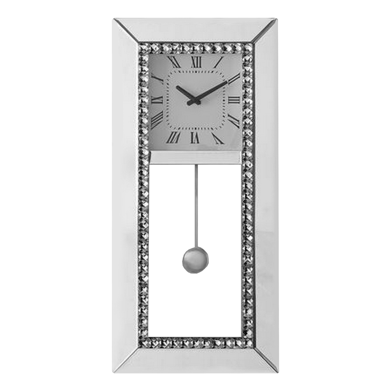 Noe 30 Inch Wall Clock, Crystal Diamond Inlaid Trim, Pendulum, White- Saltoro Sherpi