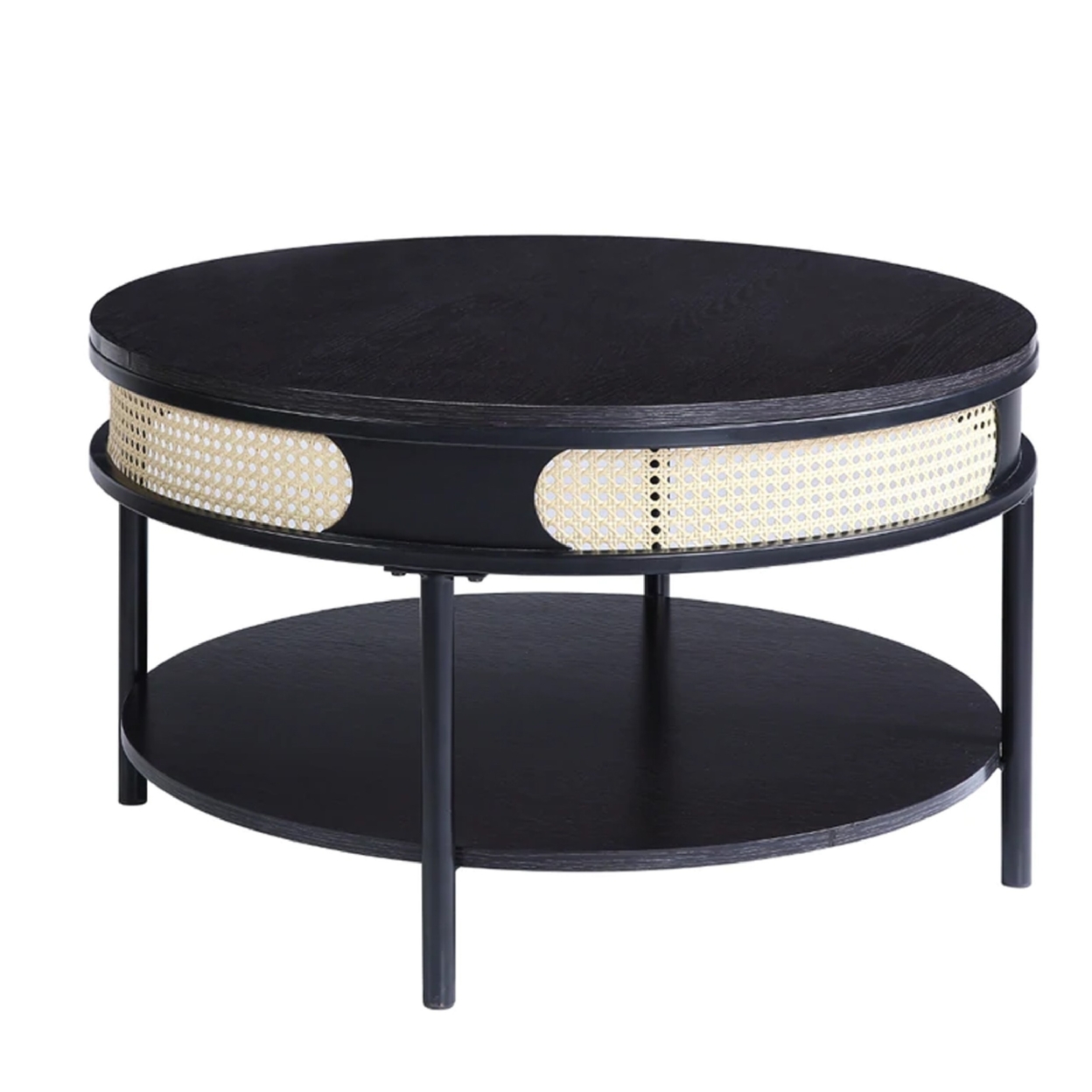 Bert 32 Inch Round Coffee Table, Rattan Apron Accent, Metal Legs, Black- Saltoro Sherpi