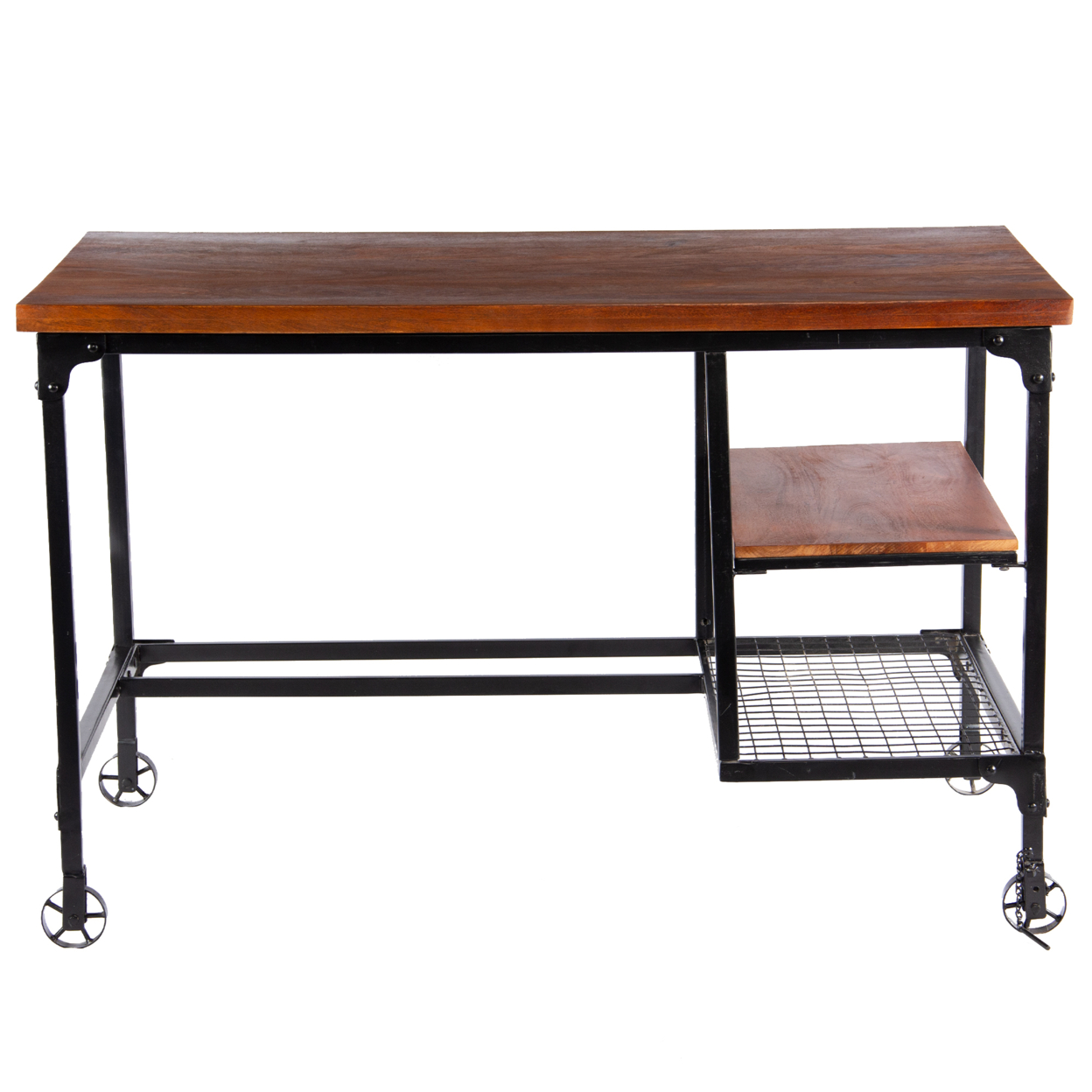 Industrial Style Wood And Metal Desk With Two Bottom Shelves, Brown And Black- Saltoro Sherpi