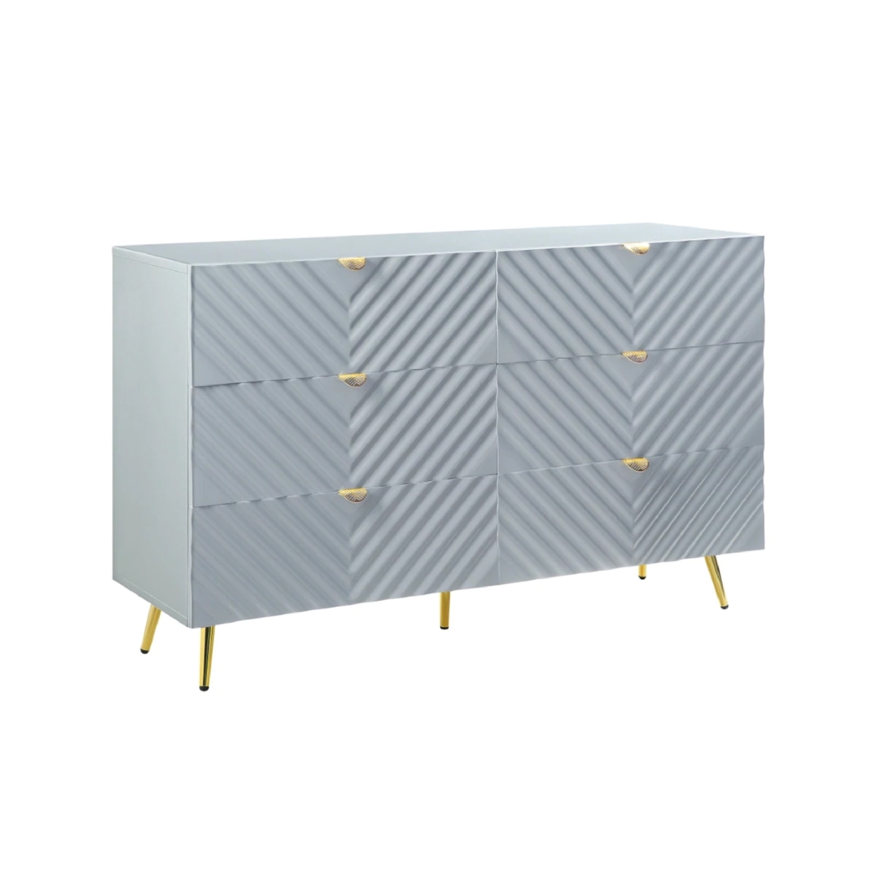 Tyra 49 Inch Wood Tall Dresser, Wavy Textured Design, Gold Metal Legs, Gray