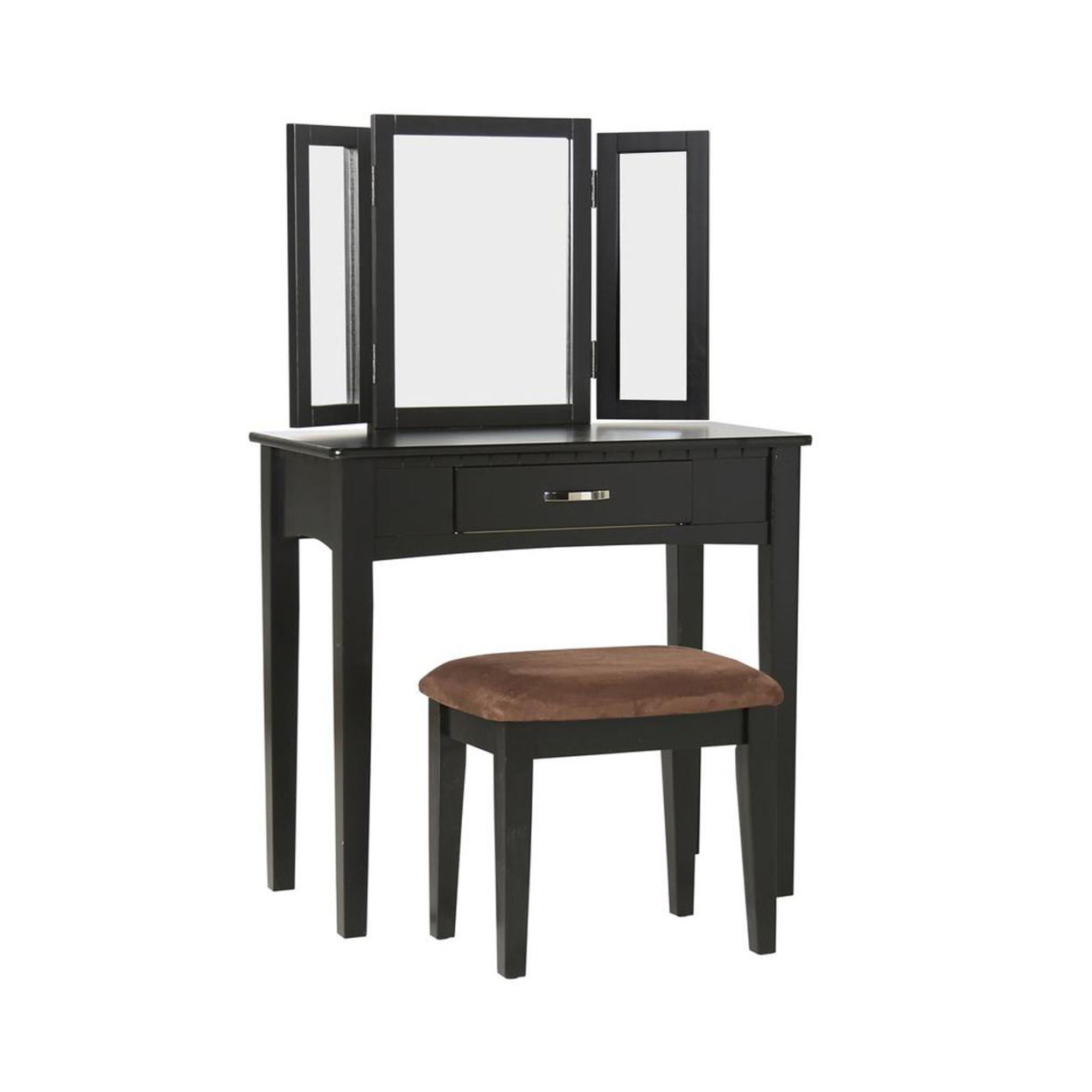 Wooden Vanity Set With 3 Sided Mirror And Padded Stool, Black- Saltoro Sherpi