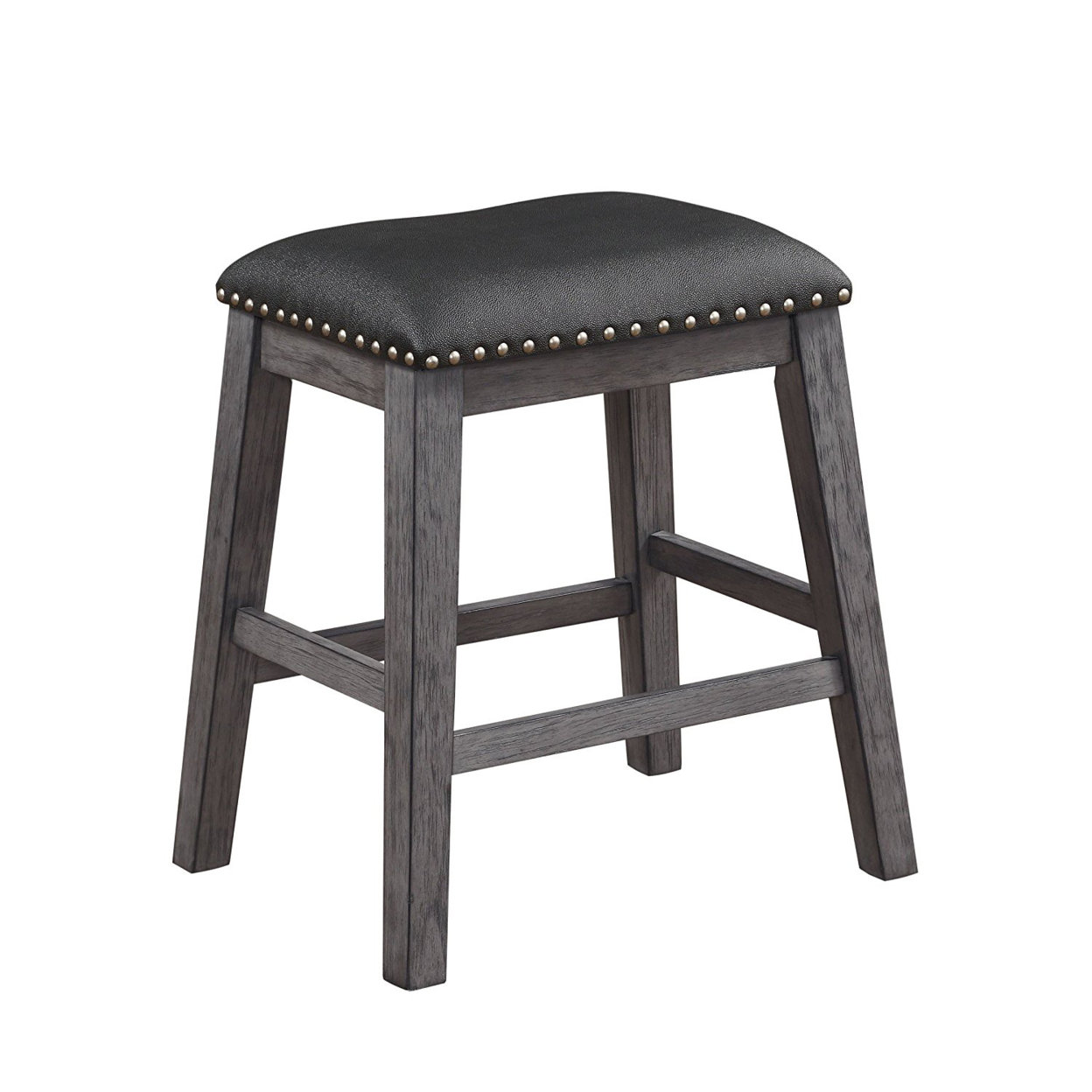 Wood & Leather CoUnter Height Stool With Nail Head Trim, Set Of 2, Black & Gray- Saltoro Sherpi