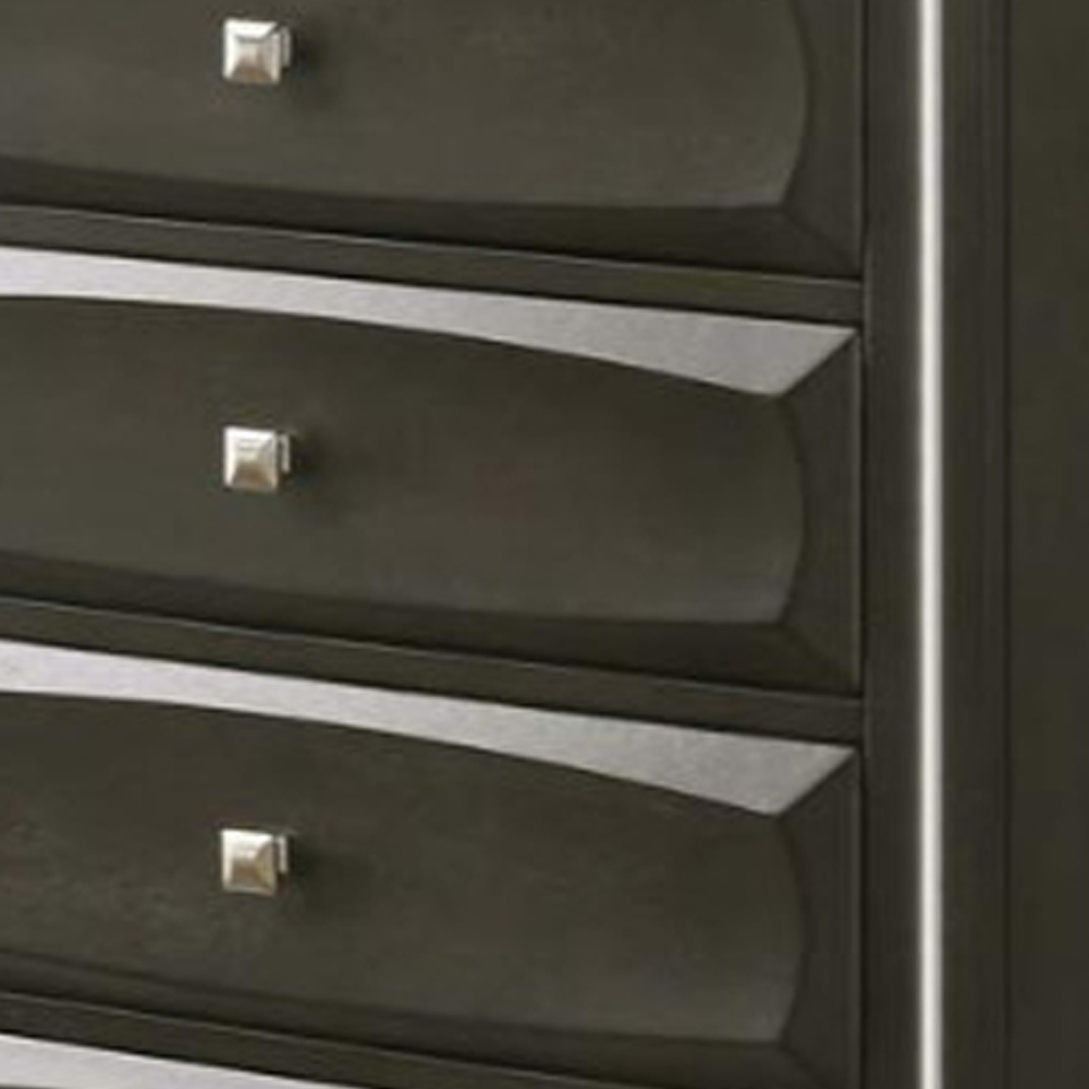 Five Drawer Chest With Brushed Nickel Accent And Chamfered Legs, Antique Gray- Saltoro Sherpi