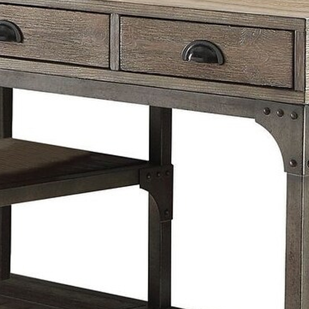 Wood And Metal Desk With Three Drawers And Two Side Shelves, Oak Brown And Gray- Saltoro Sherpi