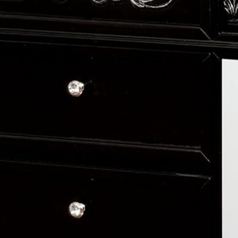 Three Drawer Solid Wood Nightstand With Crystal Knobs And Bun Feet, Black- Saltoro Sherpi