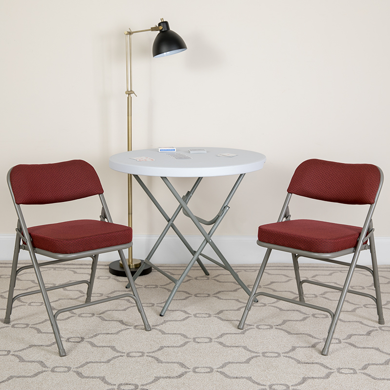 2 Pack HERCULES Series Premium Curved Triple Braced & Double Hinged Burgundy Fabric Metal Folding Chair, Gray
