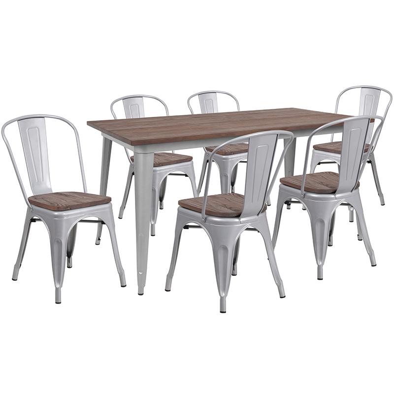 30.25 X 60 Silver Metal Table Set With Wood Top And 6 Stack Chairs
