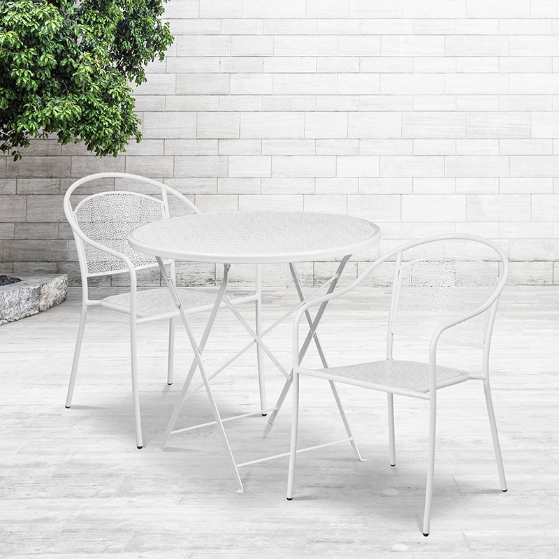 Commercial Grade 30 Round White Indoor-Outdoor Steel Folding Patio Table Set With 2 Round Back Chairs