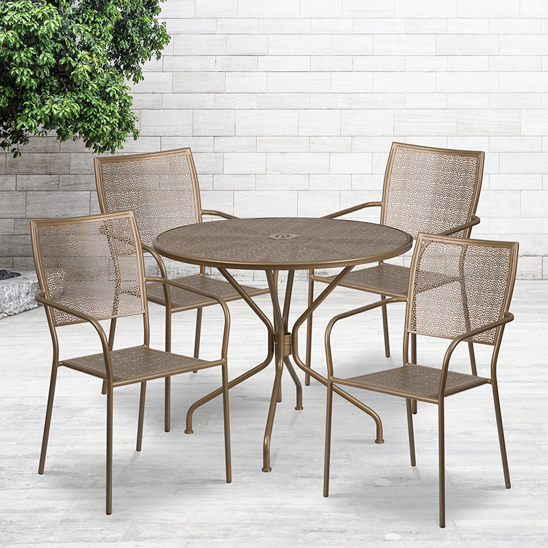 Commercial Grade 35.25 Round Gold Indoor-Outdoor Steel Patio Table Set With 4 Square Back Chairs