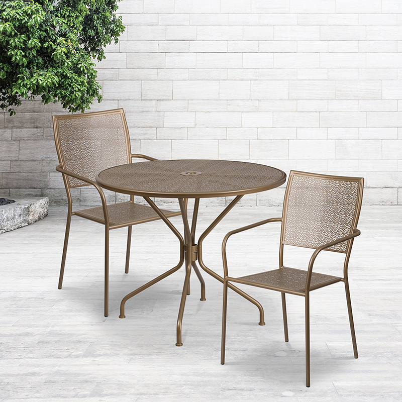 Commercial Grade 35.25 Round Gold Indoor-Outdoor Steel Patio Table Set With 2 Square Back Chairs