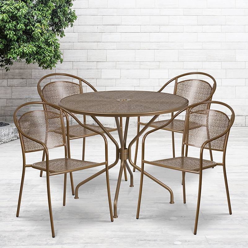 Commercial Grade 35.25 Round Gold Indoor-Outdoor Steel Patio Table Set With 4 Round Back Chairs