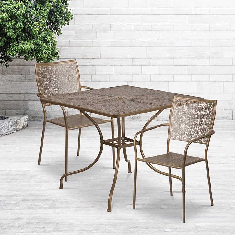 Commercial Grade 35.5 Square Gold Indoor-Outdoor Steel Patio Table Set With 2 Square Back Chairs