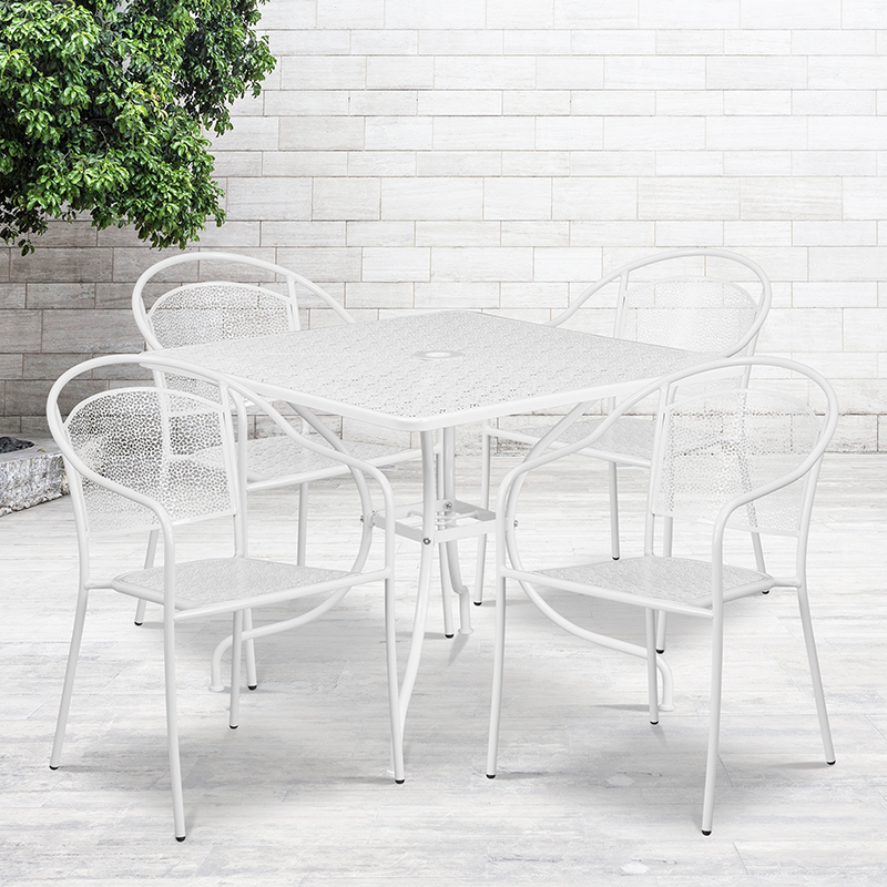 Commercial Grade 35.5 Square White Indoor-Outdoor Steel Patio Table Set With 4 Round Back Chairs